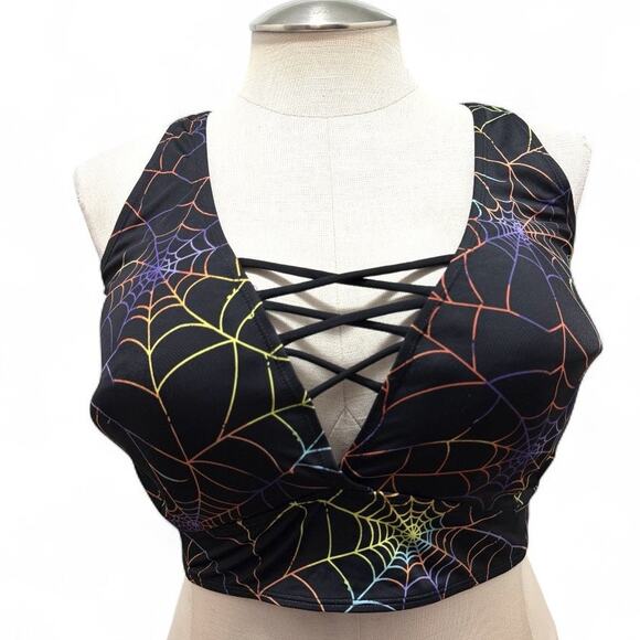 Torrid 5 (5X) Rainbow Spiderweb XO Strappy Padded Triangle Bikini Top Wireless - Picture 1 of 5